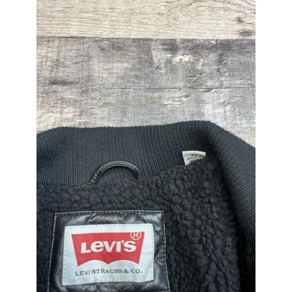 Levis Men XL Black Faux Leather Jacket Sherpa Fleece Lined Full Zip Biker Racer - Picture 3 of 6